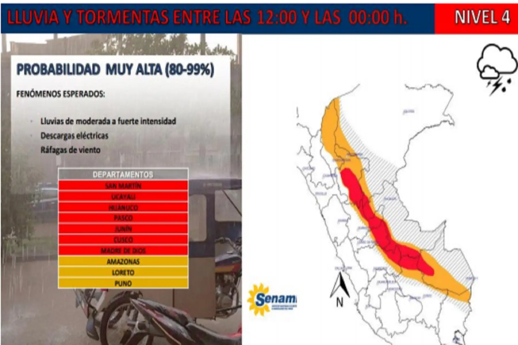 Lluvias se presentarían en regiones San Martín, Ucayali, Huánuco, Pasco, Junín, Cusco y Madre de Dios.