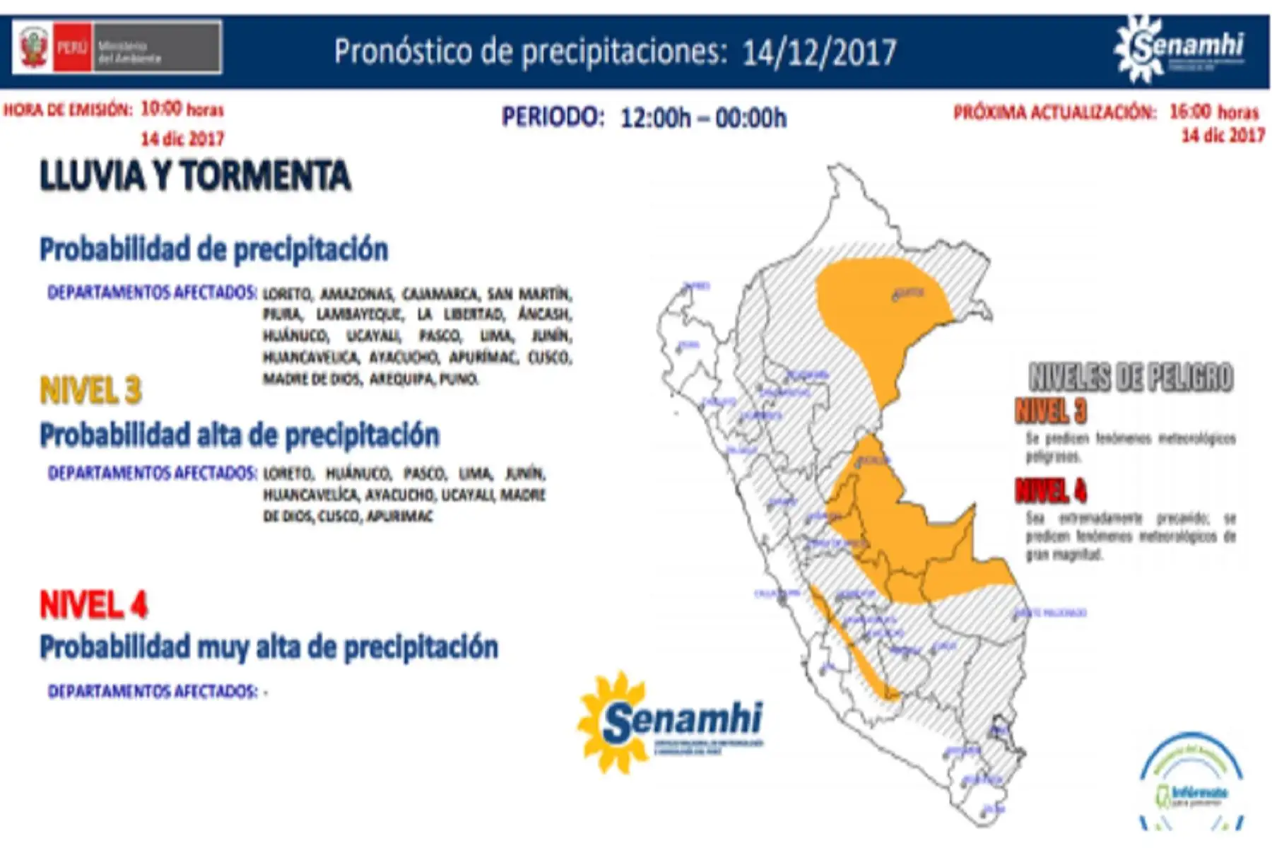 Lluvias moderadas soportarán Huánuco, Pasco, Lima, Junín, Huancavelica, Ayacucho, Ucayali, Cusco, Madre de Dios y Apurímac.
