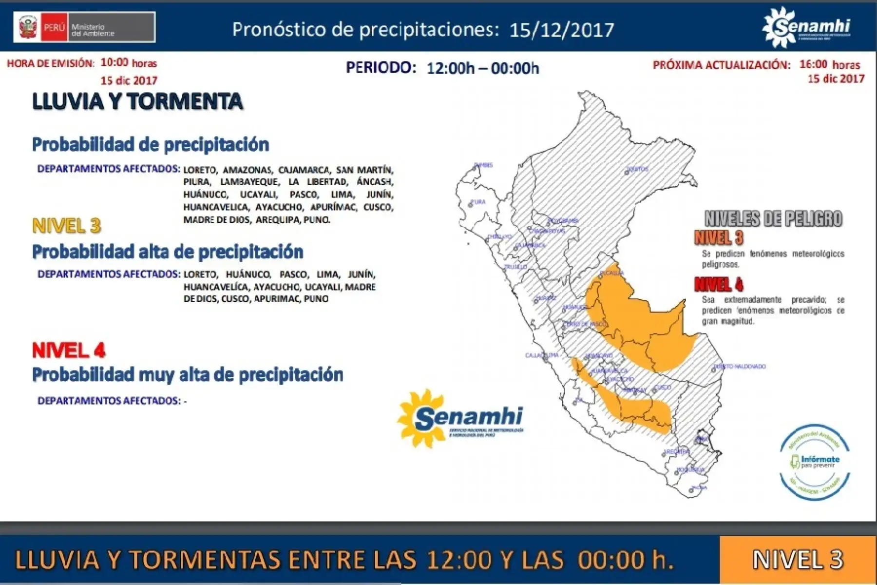 Senamhi pronostica lluvias con tormentas eléctricas y ráfagas de viento en doce regiones.
