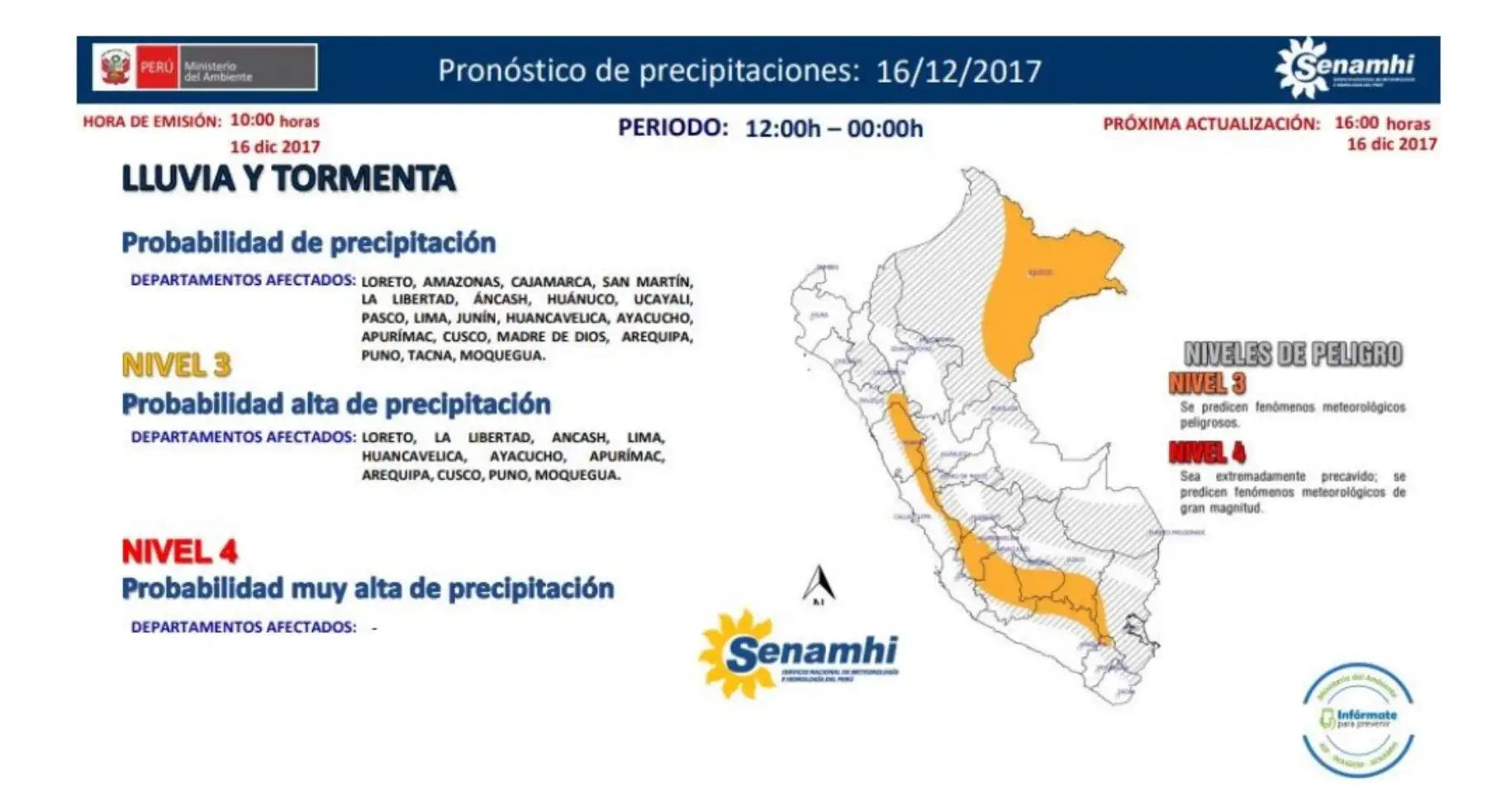 La ocurrencia de lluvias de moderada intensidad acompañadas de ráfagas de viento y descargas eléctricas en once regiones del país se prevé desde este mediodía y se extenderían hasta la medianoche, informó el Senamhi al Centro de Operaciones de Emergencia Nacional del Ministerio de Defensa (COEN Defensa).