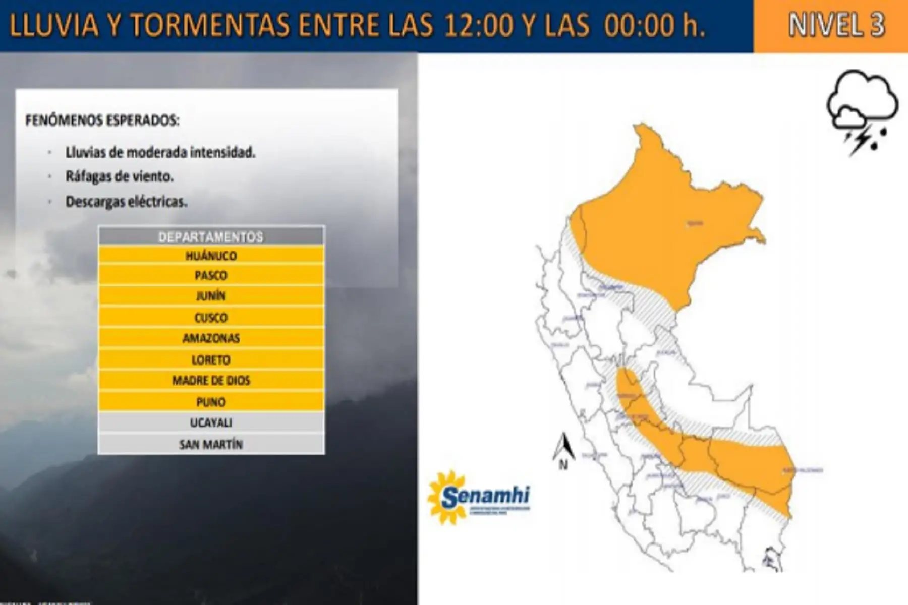 Lluvias afectarían Huánuco, Pasco, Junín, Cusco, Amazonas, Loreto, Madre de Dios y Puno.