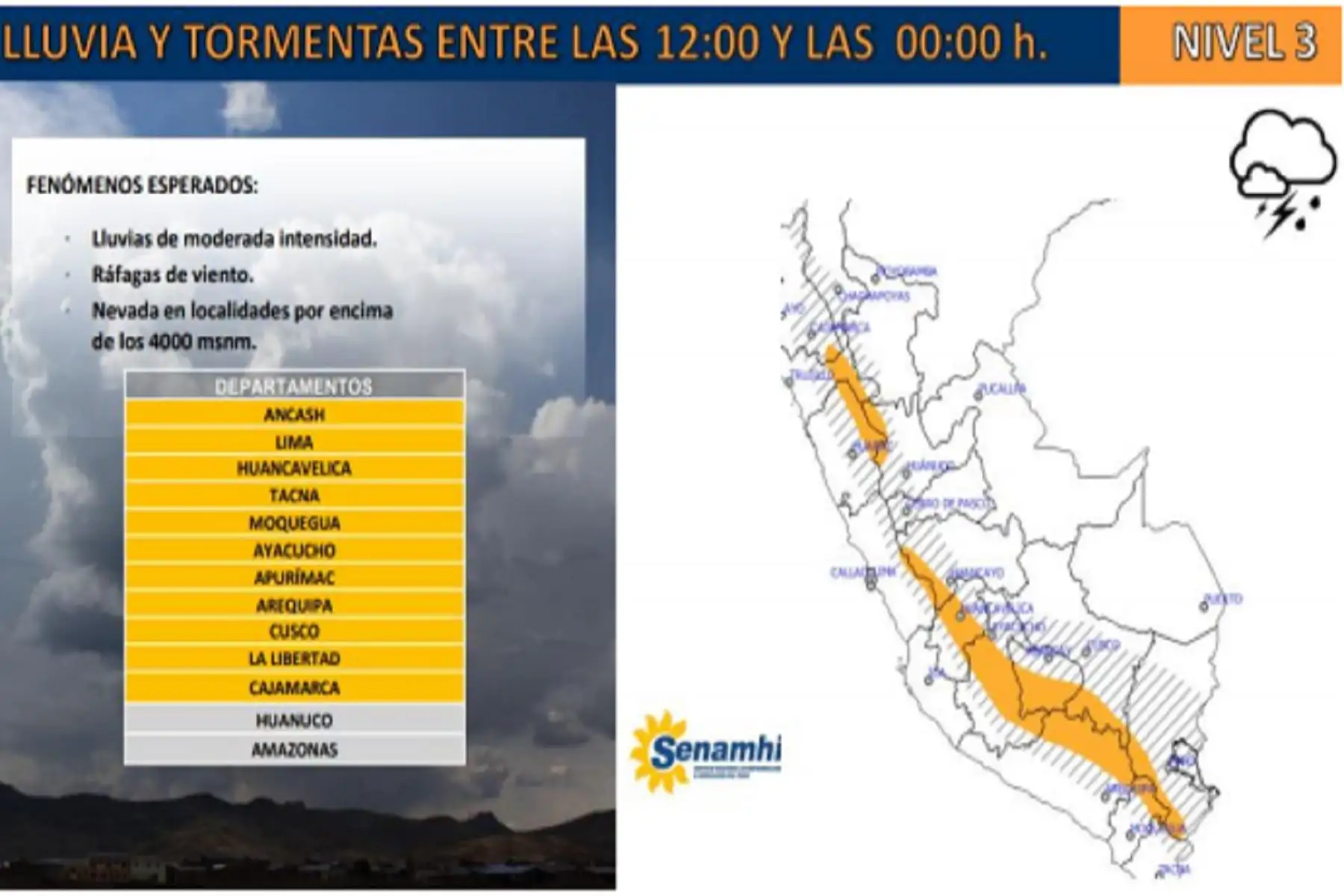Las nevadas se presentarían, sobre todo, en localidades ubicadas en zonas altas de Áncash, Lima, Huancavelica, Tacna, Moquegua, Ayacucho, Arequipa, Apurímac, Cusco, La Libertad y Cajamarca.