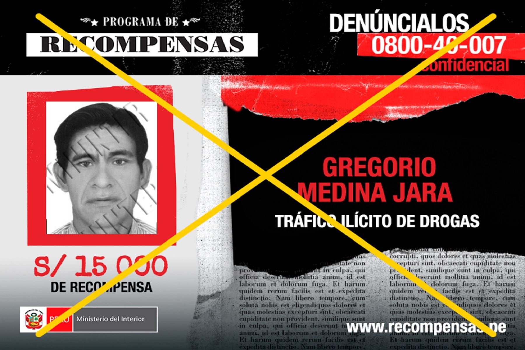 el Estado ofrecía S/15,000 de recompensa por Gregorio Medina Jara.