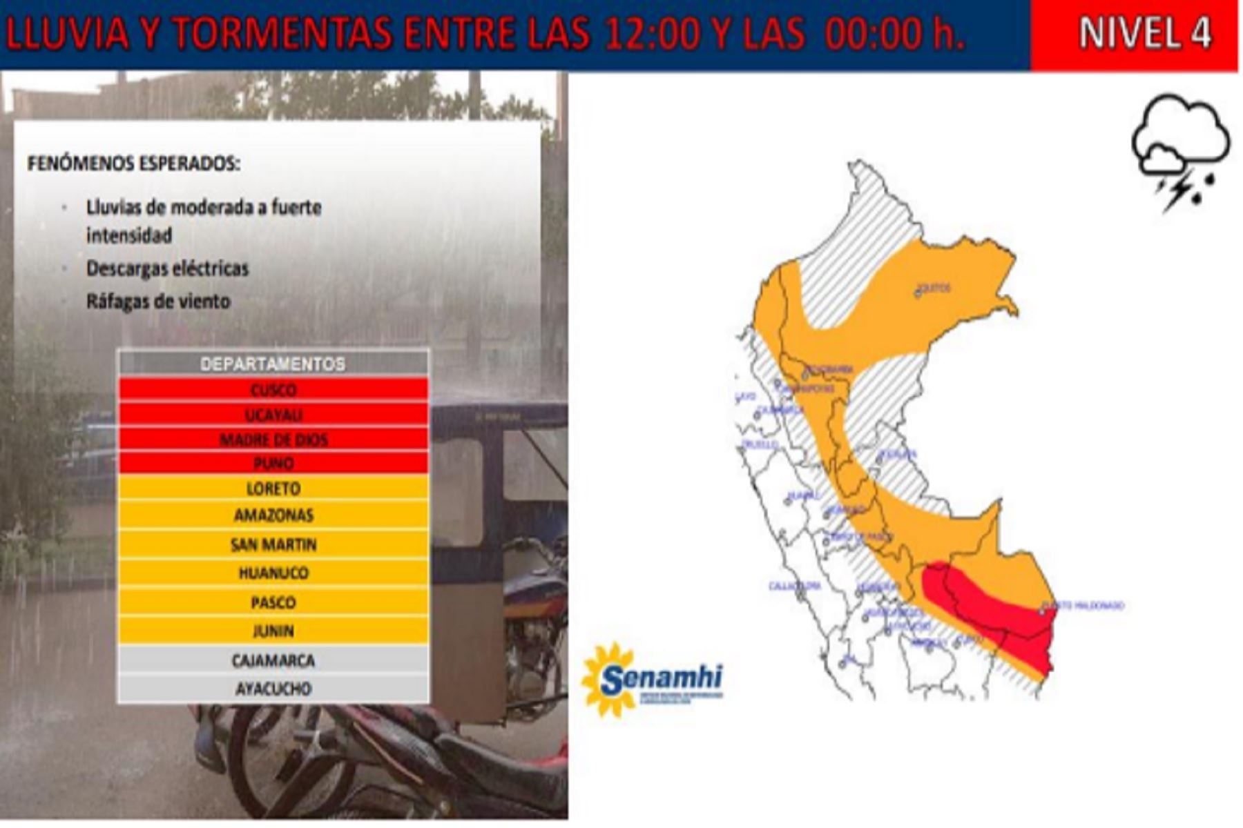 Senamhi: lluvias moderadas a fuerte se presentan en 4 regiones
