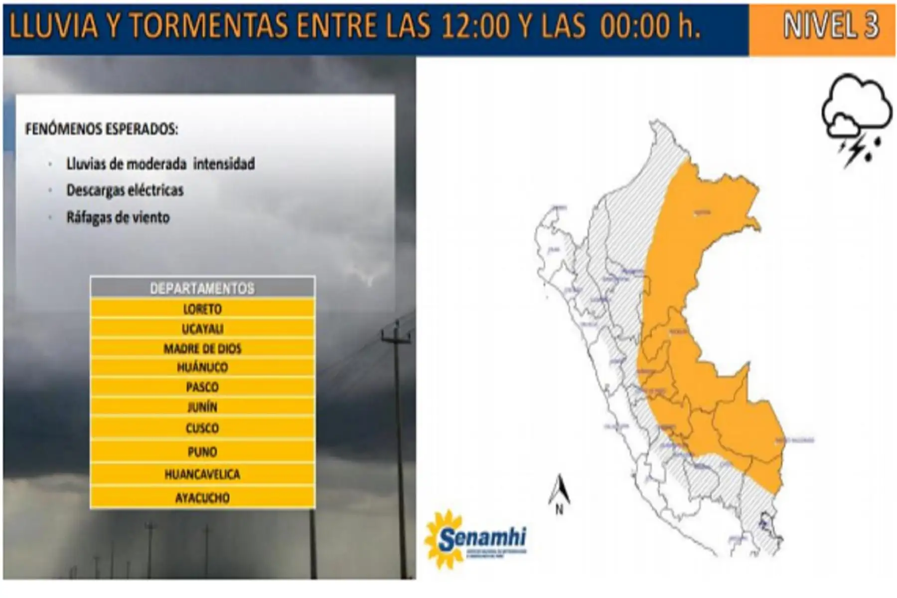Precipitaciones pluviales alcanzarían el nivel 3 (fenómenos peligros.