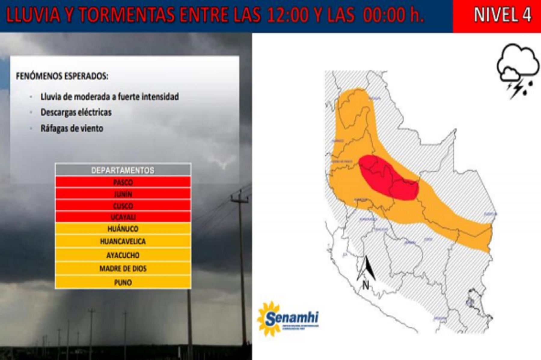 Lluvias de menor intensidad se presentarán en las regiones Huánuco, Huancavelica, Ayacucho, Madre de Dios y Puno.