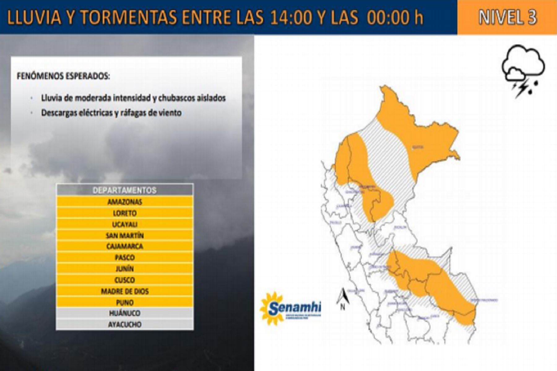 lluvias moderadas y chubascos aislados se vienen presentando desde las 14:00 horas de hoy en diez regiones del país,
