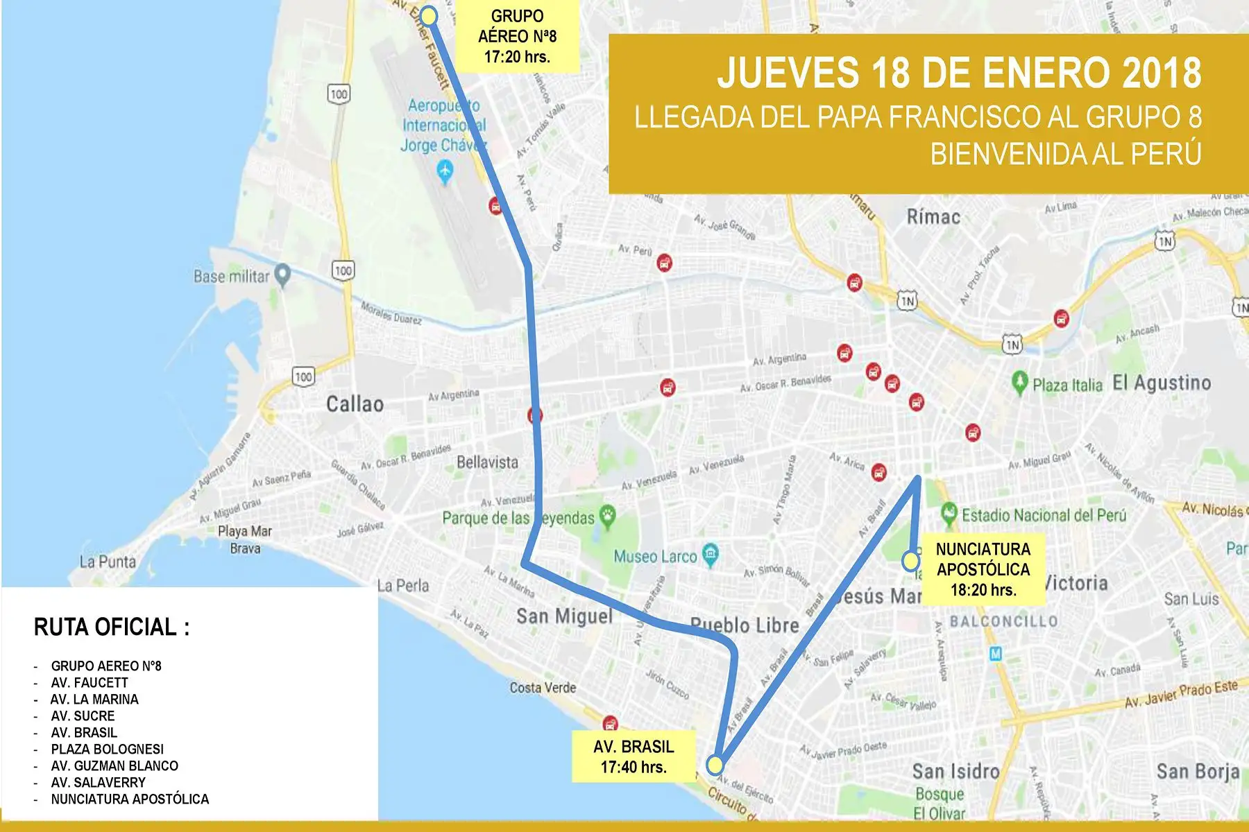 Recorrido de Papa en Lima