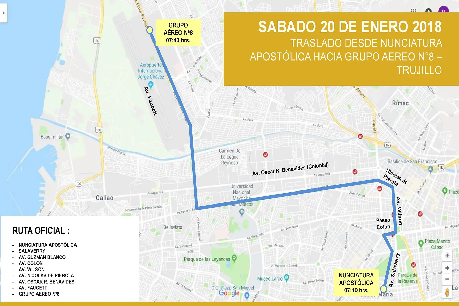 Recorrido del Papa el sábado 20