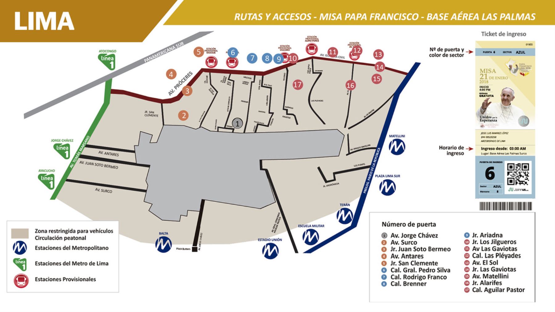 Mapa de rutas de acceso a la misa que realizará el Papa Francisco el 21 de enero en la base aérea de Las Palmas para ANDINA/Difusión