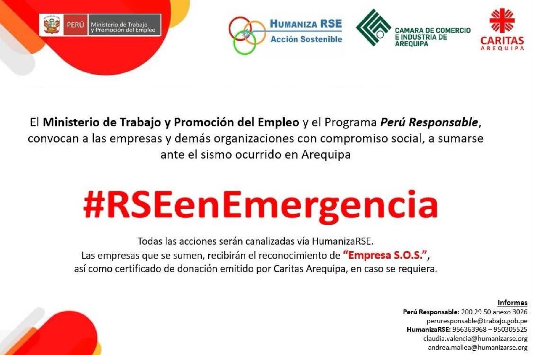 El Ministerio de Trabajo y Promoción del Empleo (MTPE), a través de su programa Perú Responsable, hizo un llamado a las empresas y organizaciones para colaborar en la normalización de los servicios básicos y apoyar a los damnificados del sismo de 6.8 grados ocurrido la madrugada del domingo en Arequipa.