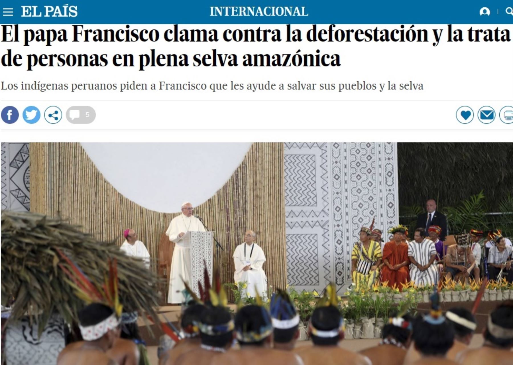 Diario español El País destaca participación de Papa Francisco en Perú
