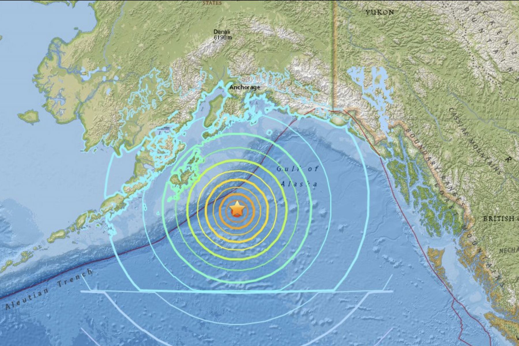 Este mapa muestra la localización del epicentro del terremoto que hoy azotó Alaska. EFE