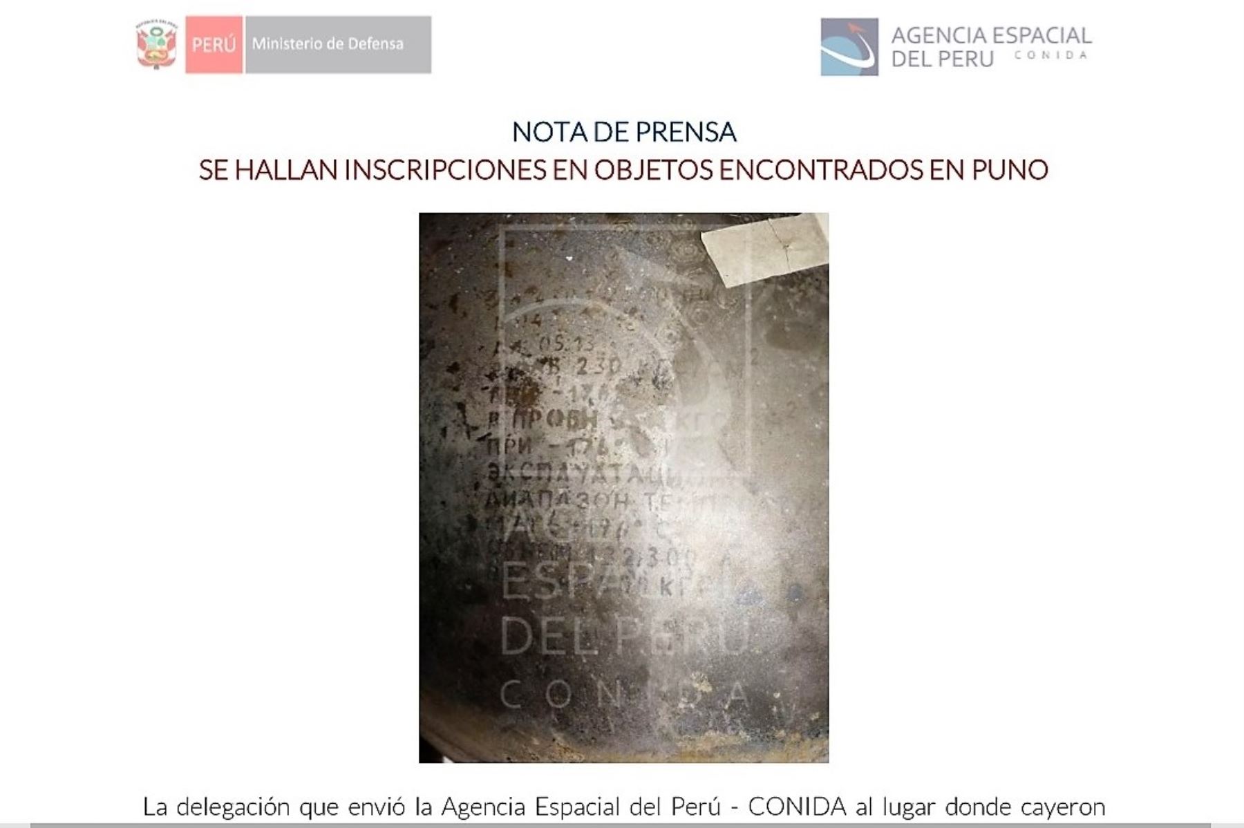 Conida halla inscripciones en idioma ruso en objetos que cayeron del espacio en Puno. ANDINA/Difusión