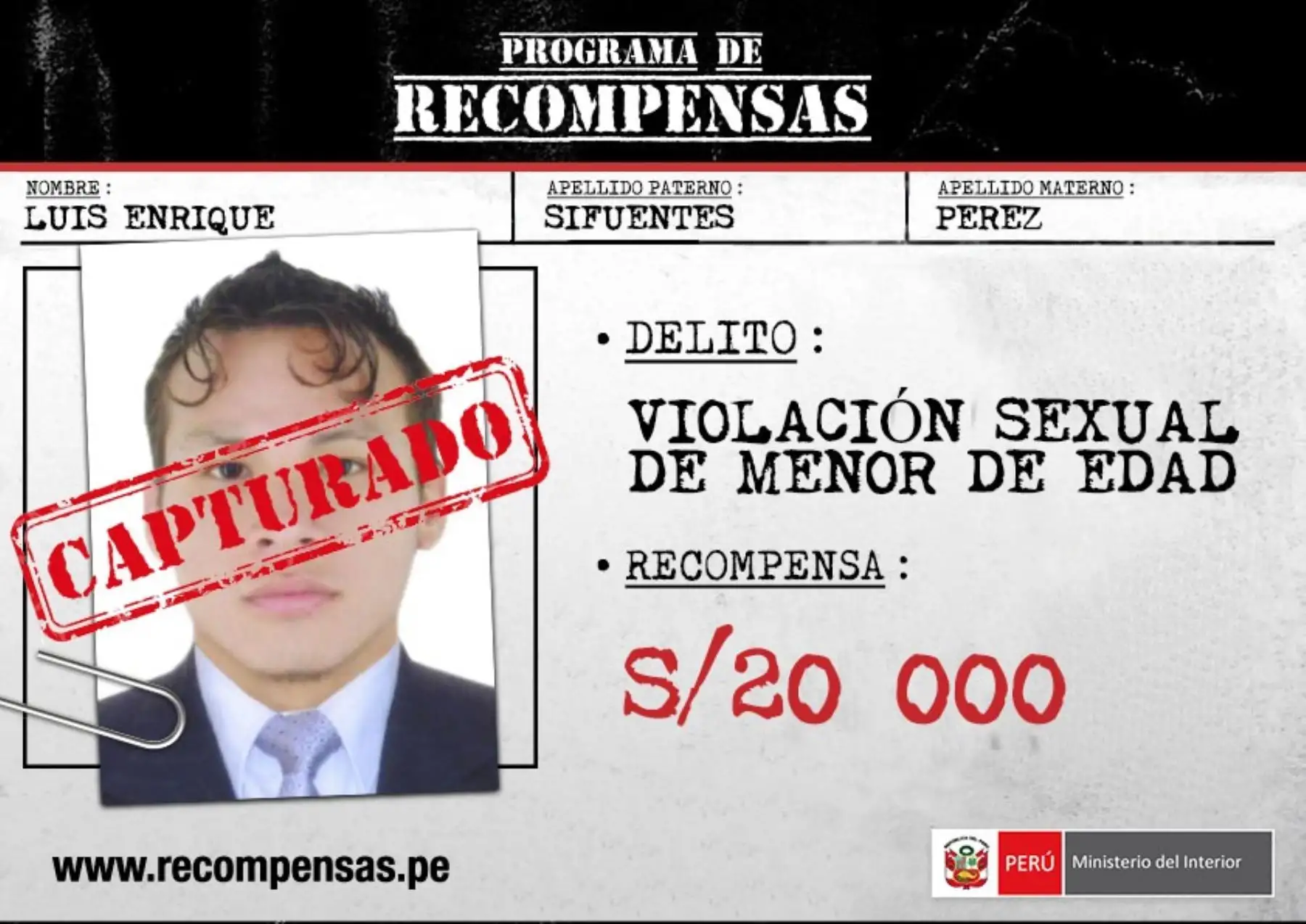 Gracias a la información brindada por un ciudadano colaborador, la Policía Nacional del Perú (PNP) detuvo en la región Pasco a un requisitoriado por delito de robo agravado, incluido en el Programa de Recompensas “Que ellos se cuiden”, del Ministerio del Interior (Mininter).