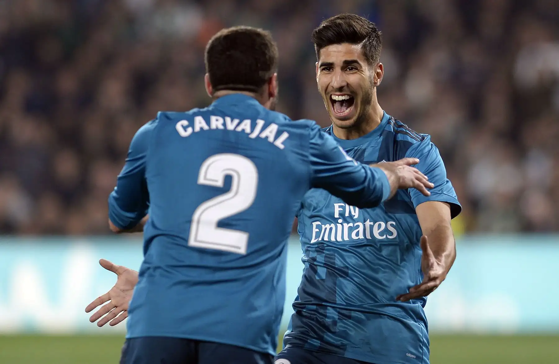 Marco Asencio del  Real Madrid celebra gol durante el partido   de la liga española con Real Betis.  Foto: AFP