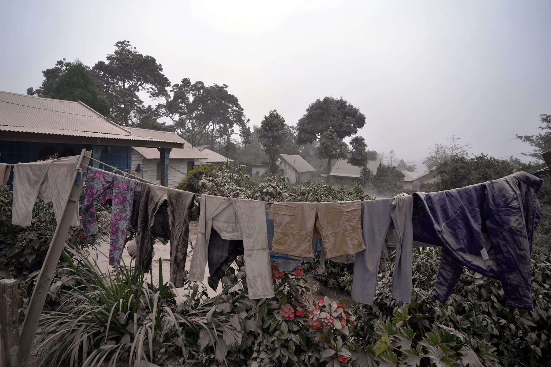 La ceniza volcánica cubre la ropa colgada. Foto: AFP