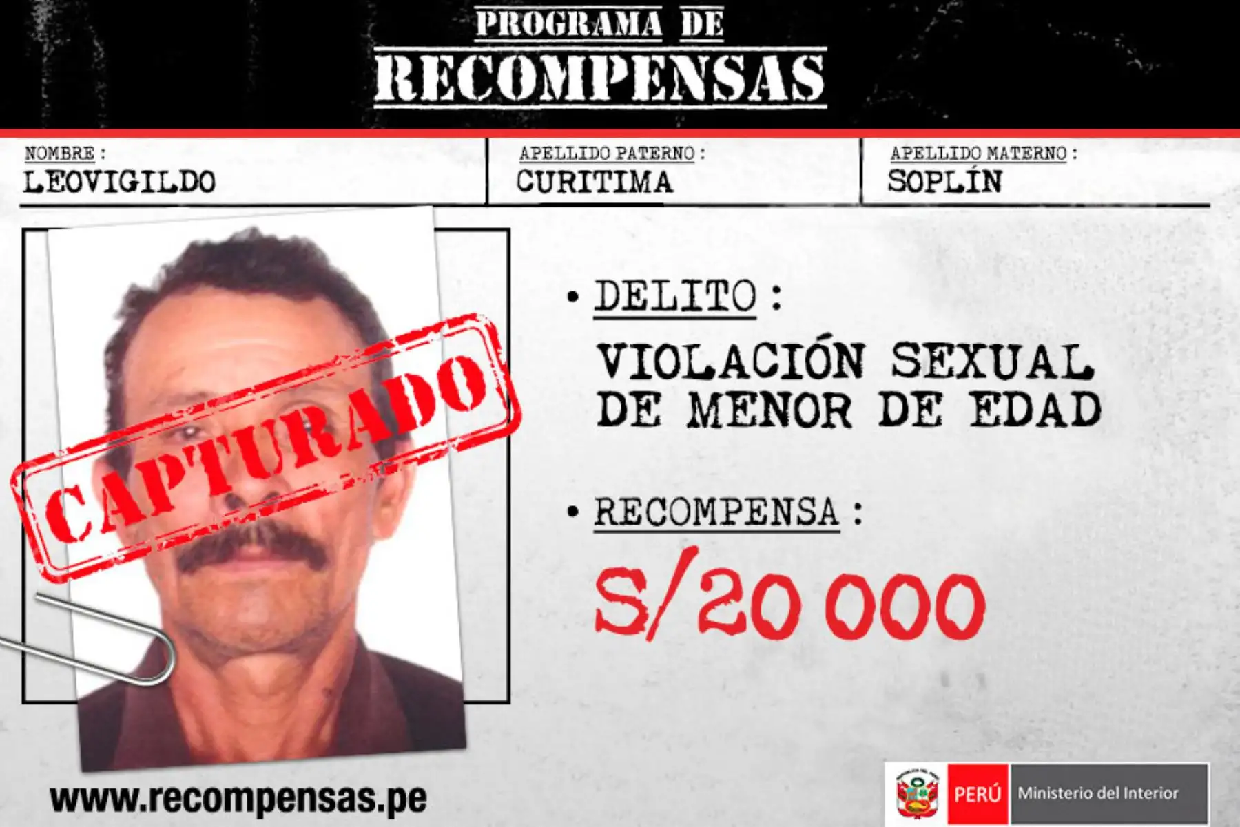 Agentes de la División de Investigaciones de Alta Complejidad (Diviac), de la Policía Nacional del Perú, con el apoyo de unidades especializadas de Iquitos, capturaron a Leovigildo Curitima Soplín, sujeto incluido en el Programa de Recompensas “Que Ellos se Cuiden”, por el delito de violación sexual de menor de edad.
