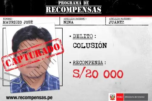 Gracias a la información proporcionada por un ciudadano colaborador, agentes de la División de Investigaciones de Alta Complejidad (Diviac) de la Policía Nacional del Perú capturaron en Arequipa a Mauricio José Nina Juárez, exalcalde de la Municipalidad Provincial General Sánchez Cerro, de la región Moquegua, requisitoriado por el delito de colusión.