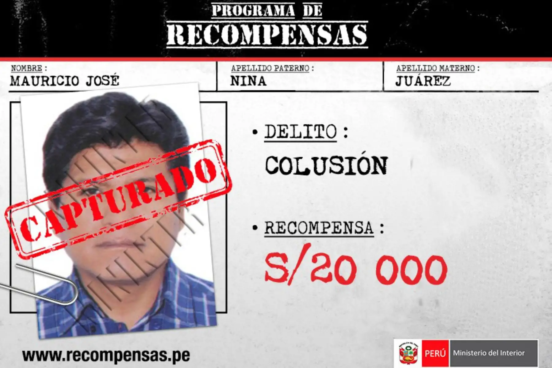 Gracias a la información proporcionada por un ciudadano colaborador, agentes de la División de Investigaciones de Alta Complejidad (Diviac) de la Policía Nacional del Perú capturaron en Arequipa a Mauricio José Nina Juárez, exalcalde de la Municipalidad Provincial General Sánchez Cerro, de la región Moquegua, requisitoriado por el delito de colusión.