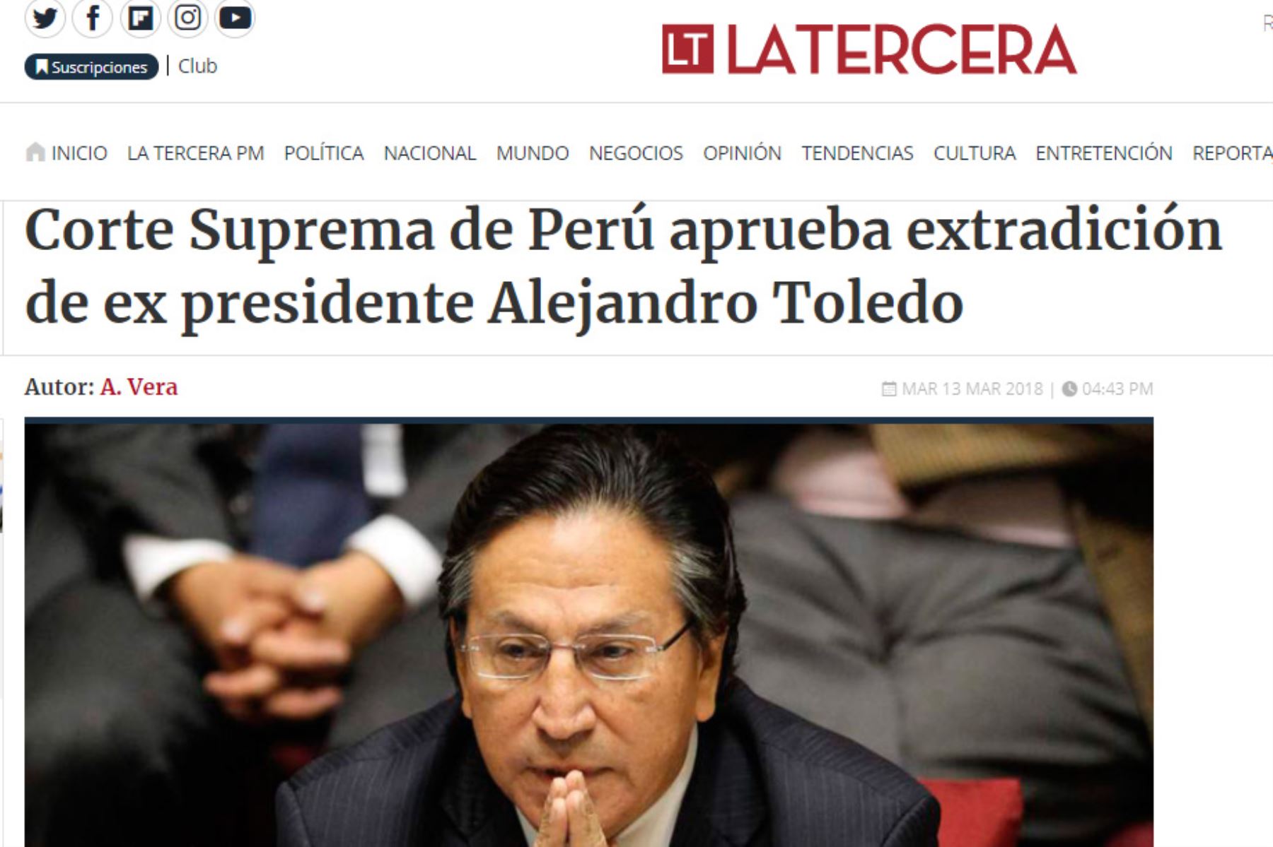 Prensa Internacional informa sobre aprobación de extradición del expresidente Alejandro Toledo. Foto: Captura.
