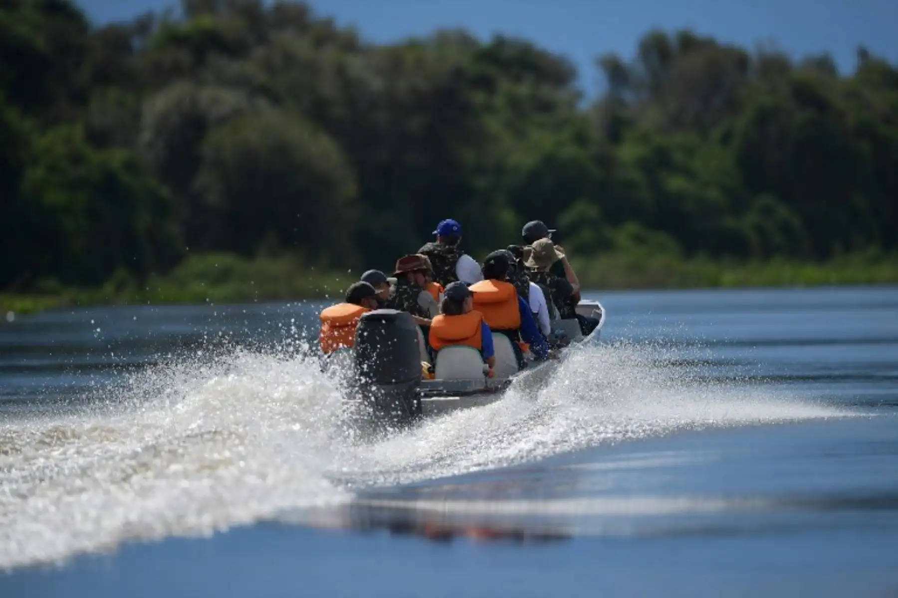 Un grupo de turistas en un bote visita los humedales del Pantanal, en el estado de Mato Grosso, Brasil.Foto:AFP