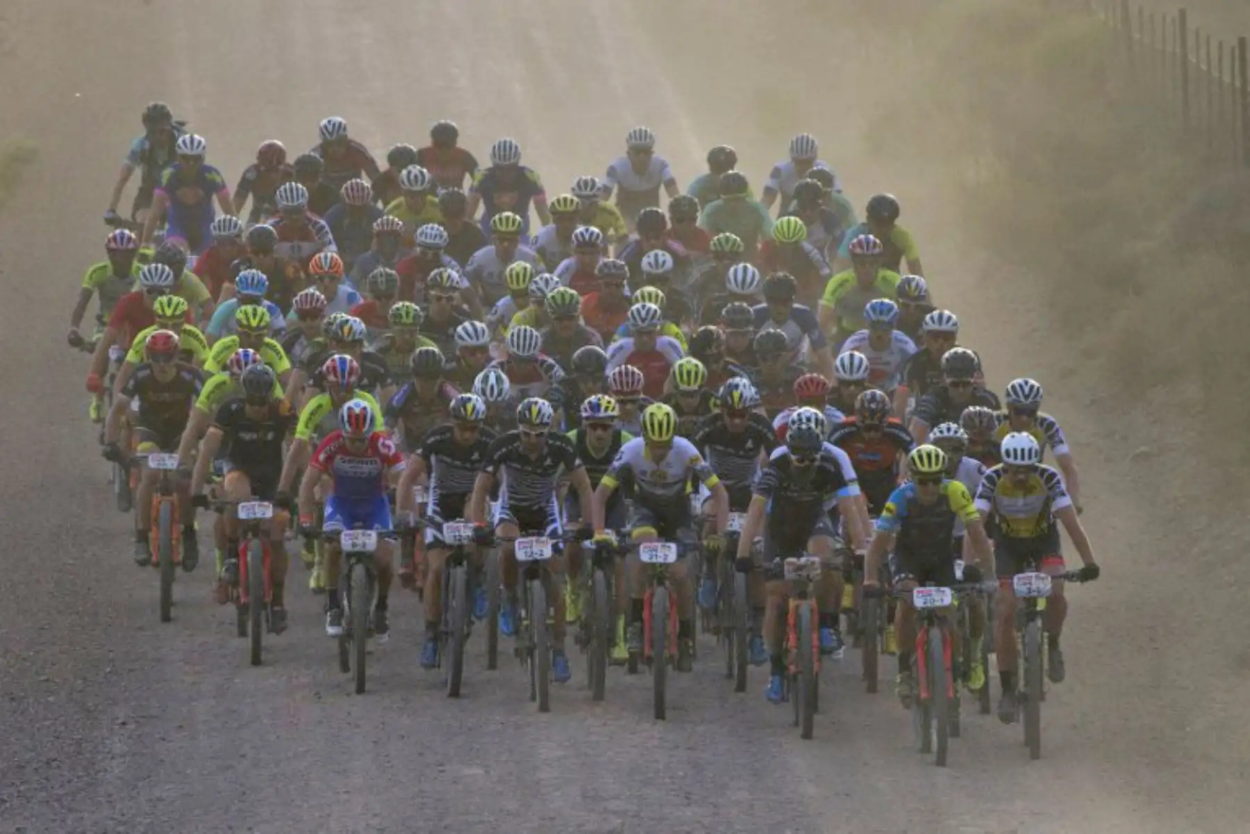 El grupo líder de jinetes profesionales levanta una nube de polvo mientras cabalgan durante la primera etapa completa de la carrera africana de mountain bike Cape Epic.Foto:AFP