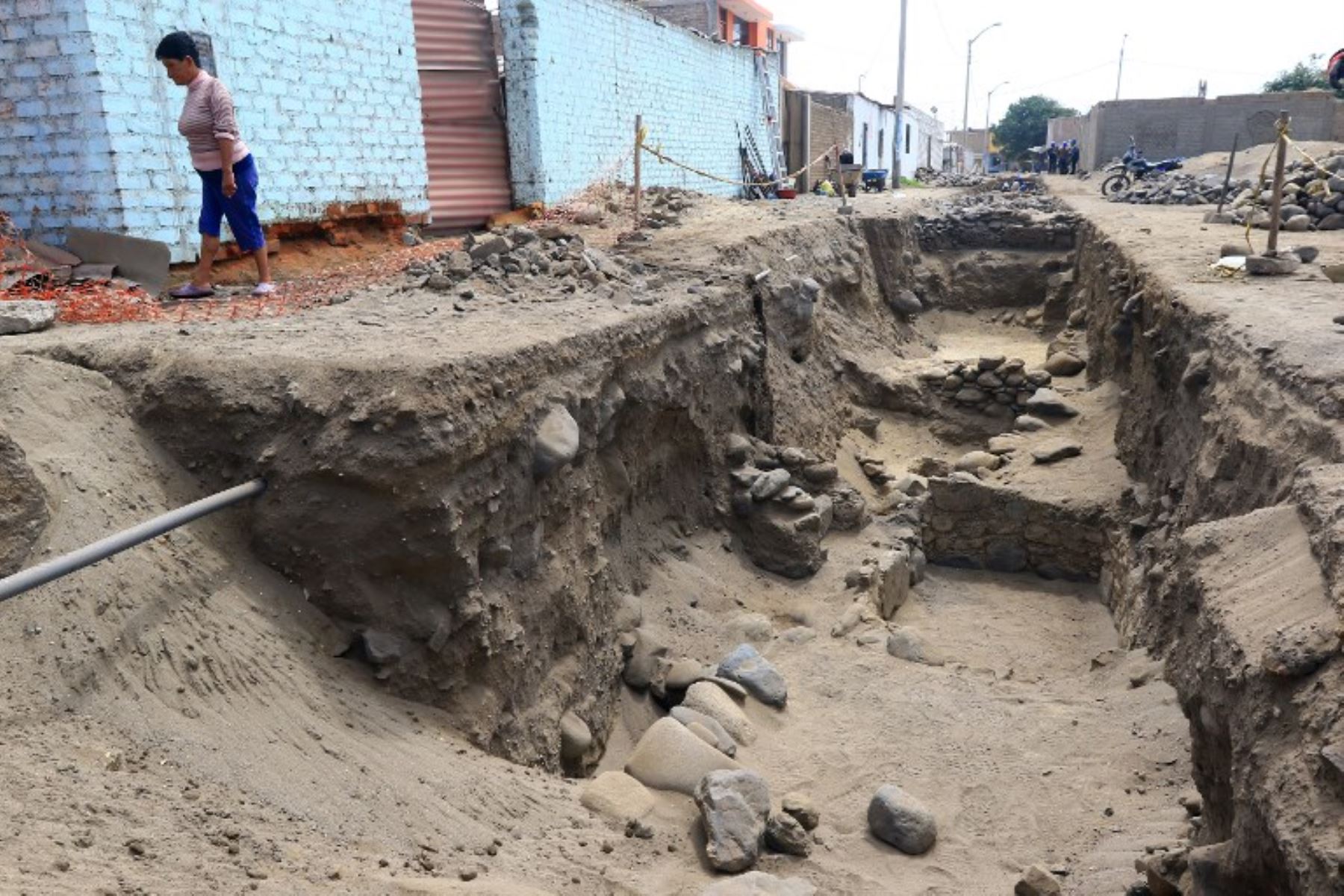 Restos de 77 personas pertenecientes a las culturas  Chimú preincaico, Salinar y Viru, que fueron sacrificados hace más de 1.500 años, fueron descubiertos por un equipo de la ciudad que tendía una red de agua potable bajo el pavimento, en una zona urbana de la costa norte de Perú. Foto:AFP