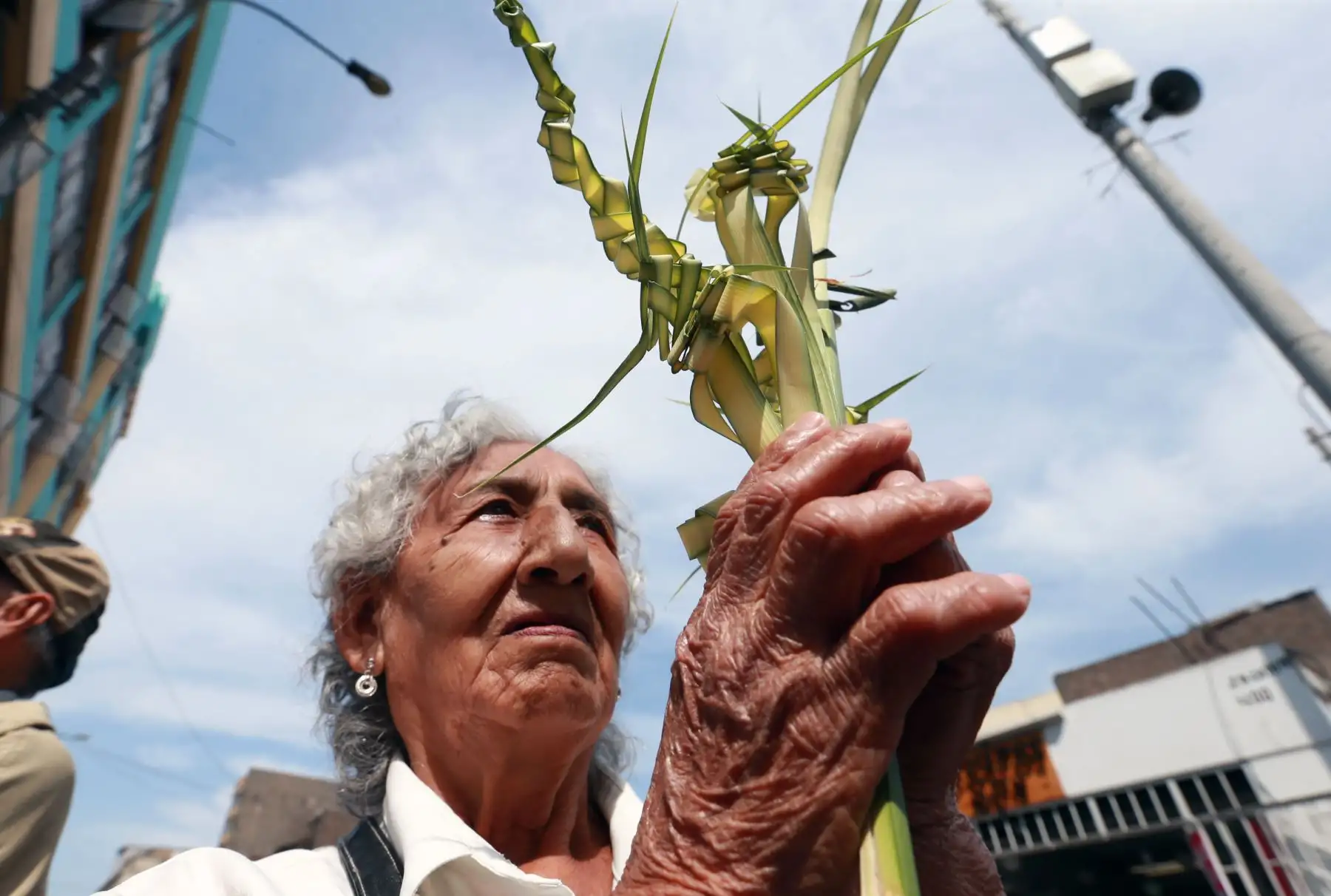 Devota limeña con ramos de olivo, para las celebraciones de  Domingo de Ramos en alrededores de las Iglesias de Lima. Foto: ANDINA/Norman Córdova
