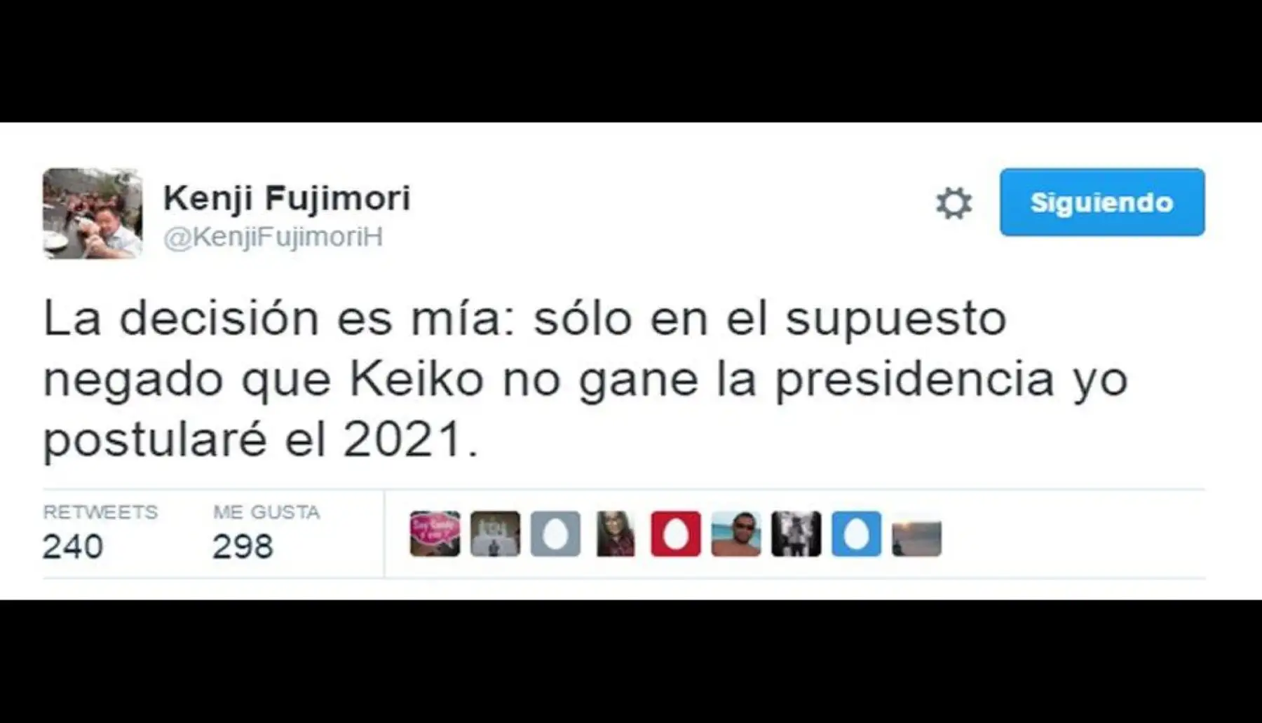 Ya en esta época se hablaba del potencial político de Kenji Fujimori. Con este tuit, escrito antes de las elecciones del 2016, revelaba la visión que tenía sobre su futuro. El  menor de los Fujimori se desdijo después de las críticas que recibió desde su propio partido. Foto: Twitter Kenji Fujimori.