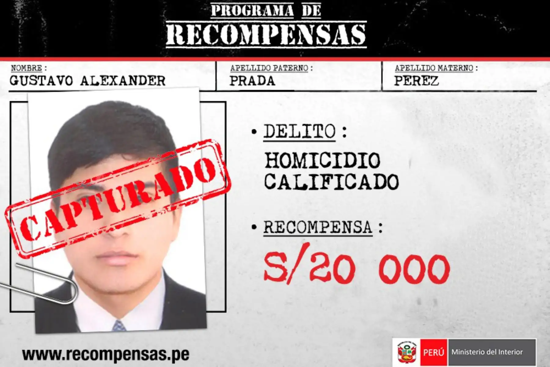 Personal de la Sección de Investigación Policial de Pisco atrapó a Gustavo Alexander Prada Pérez, de 21 años de edad, alias “Gustavito”, quien era requerido por el delito de homicidio calificado y por quien se ofrecía una recompensa de 20,000 soles