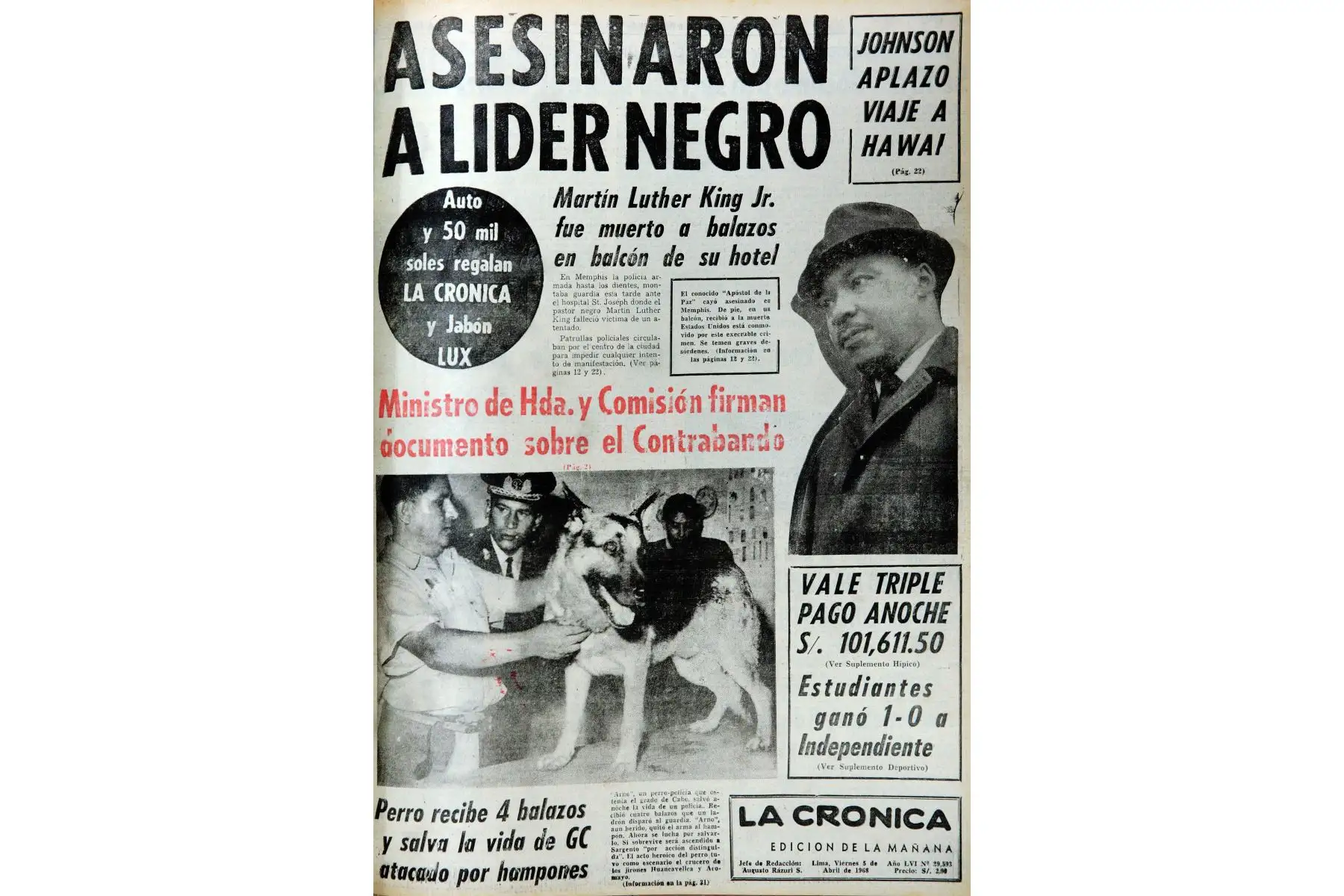 Reproducción del Diario La Crónica, que informa la muerte de Martin Luther King.Foto: ANDINA/Dante Zegarra