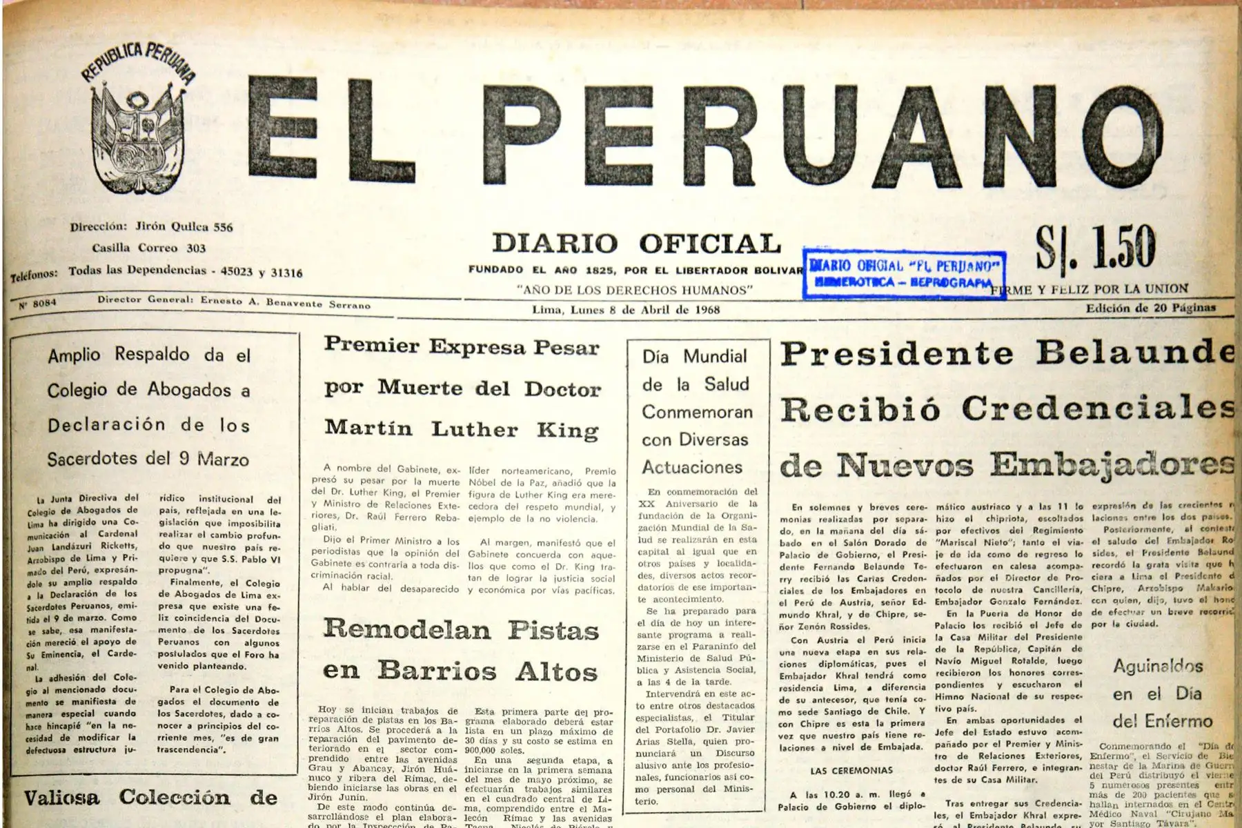 Reproducción del Diario El Peruano, donde el estado Peruano expresa su pesar por la muerte de Martin Luther King. Foto: ANDINA/Dante Zegarra