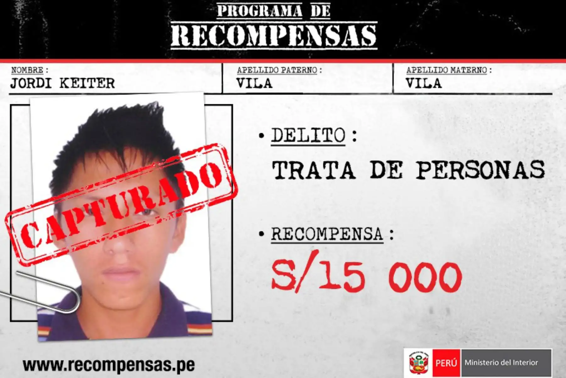 El personal de la comisaría de Pichari y los efectivos del Frente Policial Vraem de la Policía Nacional del Perú (PNP) detuvieron a Jordi Keiter Vila León, de 23 años de edad, quien estaba incluido en el Programa de Recompensas “Que ellos se cuiden” del Ministerio del Interior (Mininter) por el delito de trata de personas.