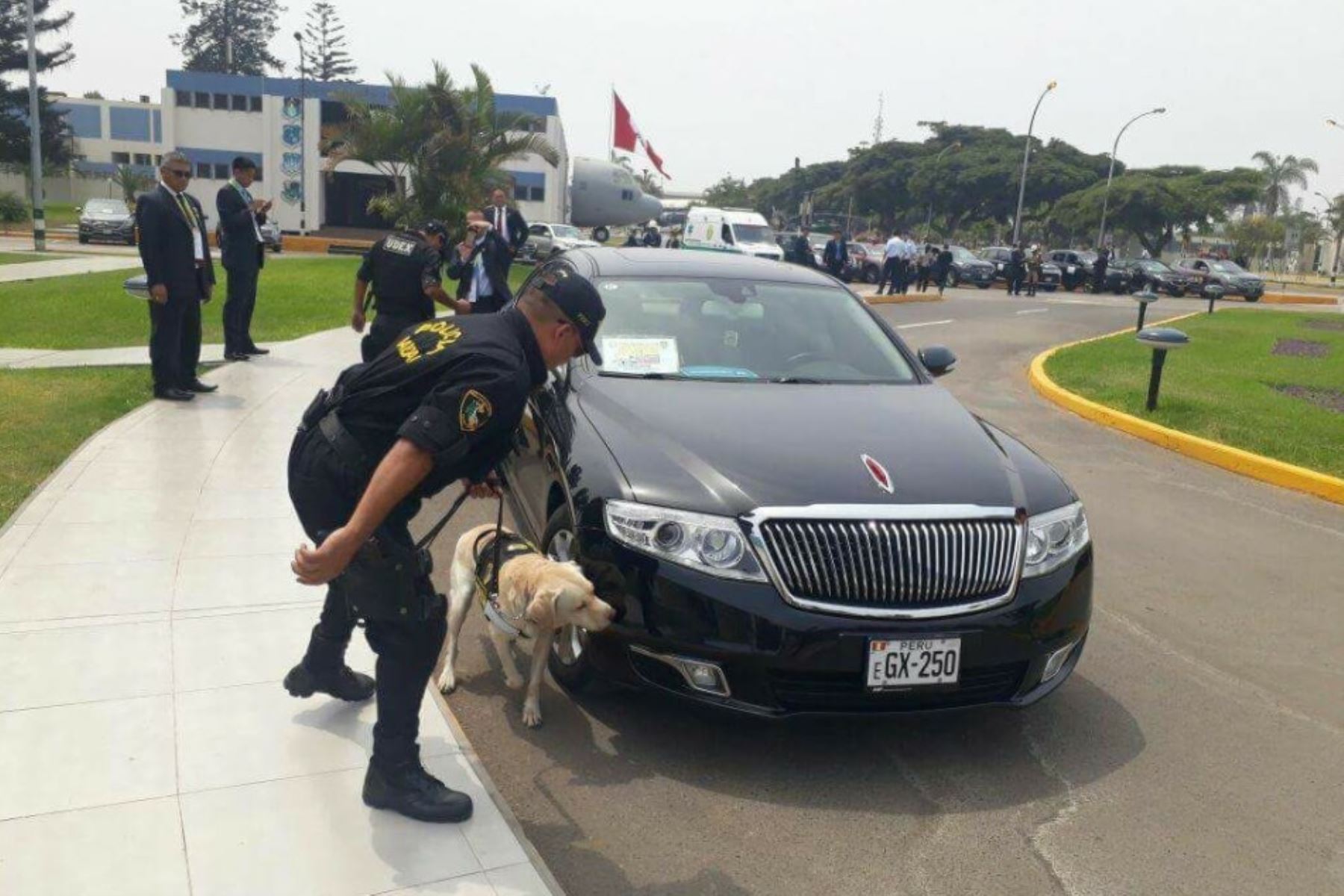 Un agente de la Policía Canina revisa una de las unidades vehiculares que traslada a autoridades por la Cumbre de las Américas. Foto: Difusión