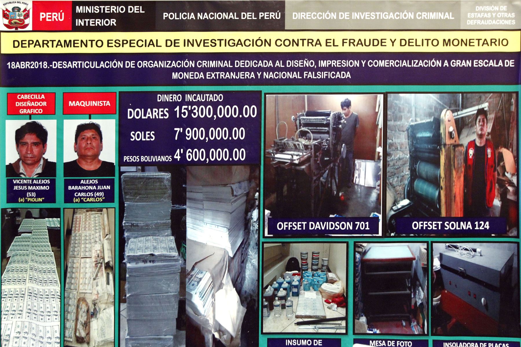 La Policía Nacional del Perú, incautó 15 millones de dólares y detienen a dos falsificadores  en flagrante delito . Foto: ANDINA/Dante Zegarra
