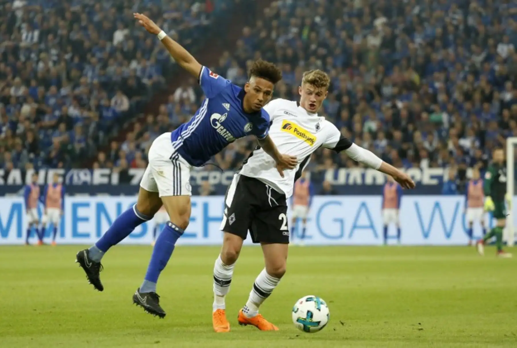 El alemán del Schalke Thilo Kehrer y el mediocampista francés de Moenchengladbach Mickael Cuisance compiten por el balón durante el partido de fútbol de la primera división alemana Schalke 04 vs Borussia Moenchengladbach.Foto:AFP
