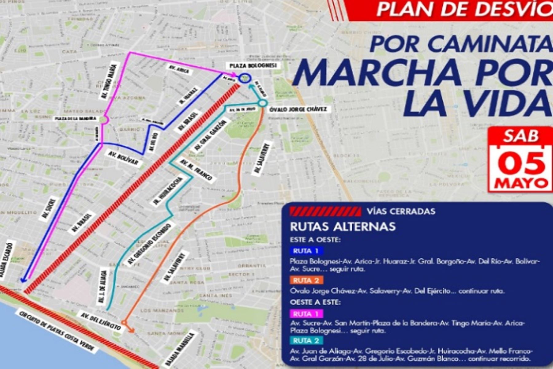 Plan de desvíos vehiculares por Marcha por la Vida. Foto: Andina/difusión