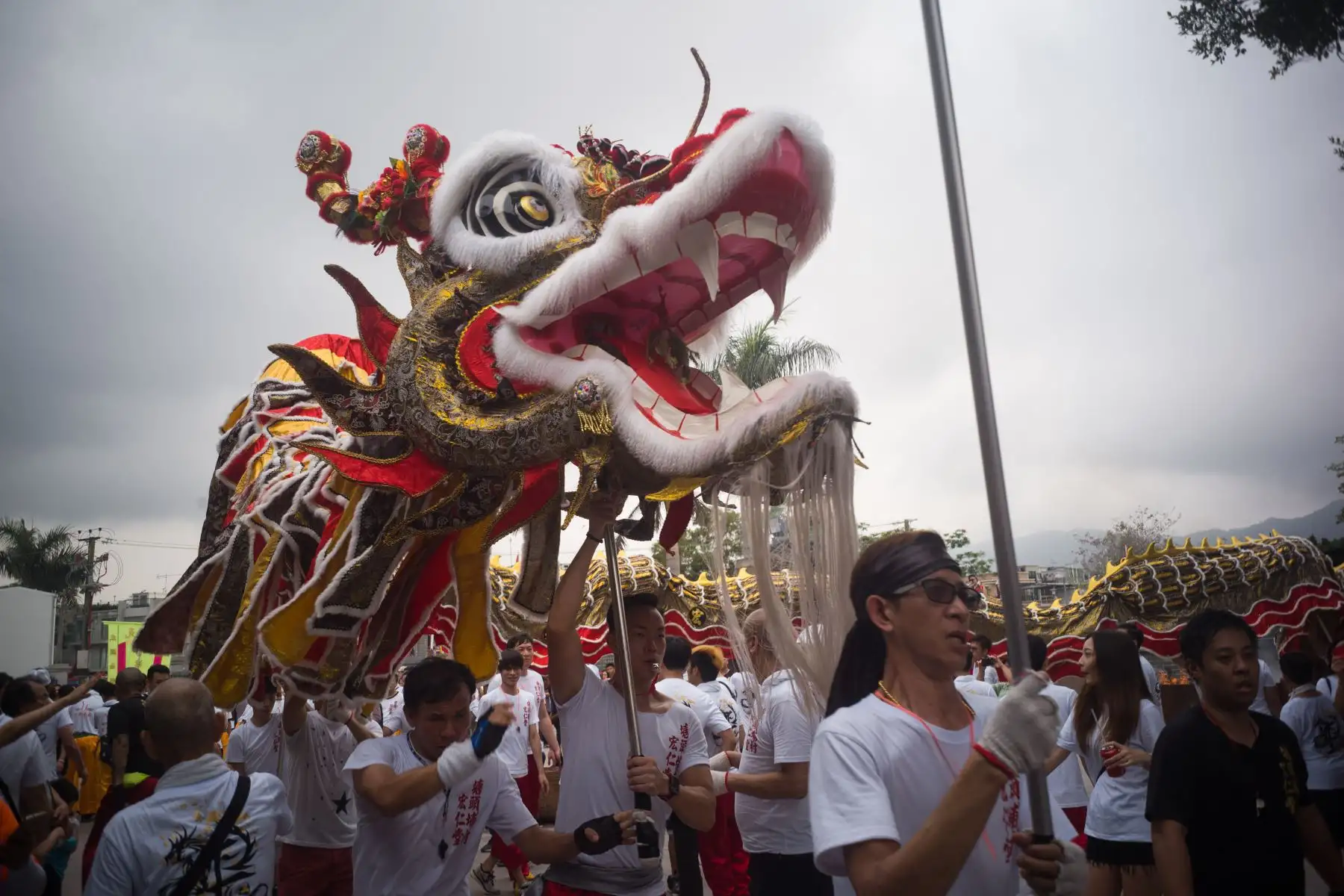 Los miembros de una compañía de danza del dragón se presentan mientras celebran el Festival de Tin Hau. AFP