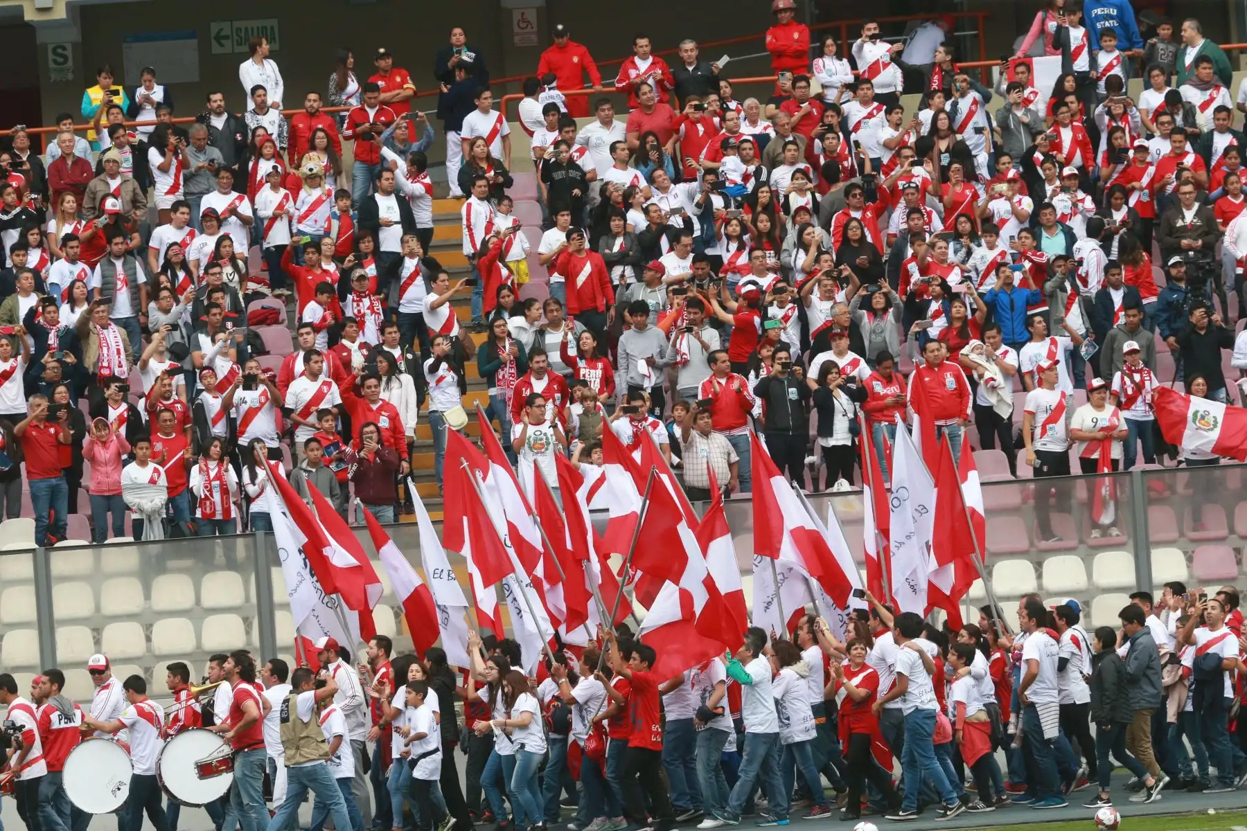 Hinchas dan la vuelta olímpica con la bicolor durante el entrenamiento, en el Estadio Nacional de Lima. Foto: ANDINA/Norman Córdova.