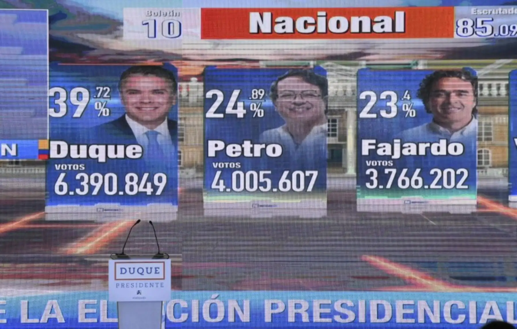 Los resultados preliminares de la primera vuelta de las elecciones presidenciales colombianas se muestran en una pantalla en la sede del candidato presidencial Ivan Duque, para el partido Centro Democrático, en Bogotá.Foto:AFP