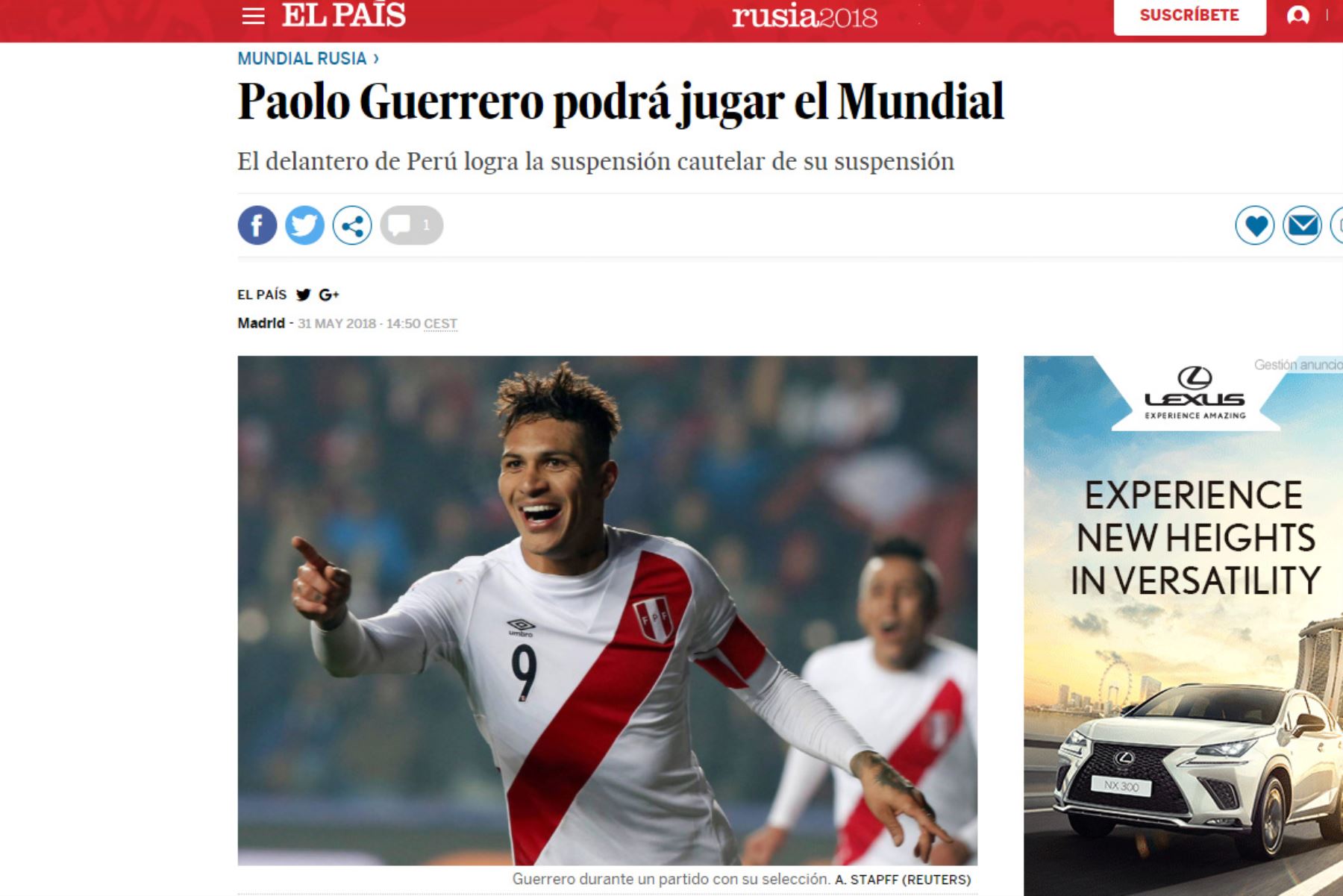 La noticia de Paolo Guerrero en CNN en El País de España. Foto: Captura.