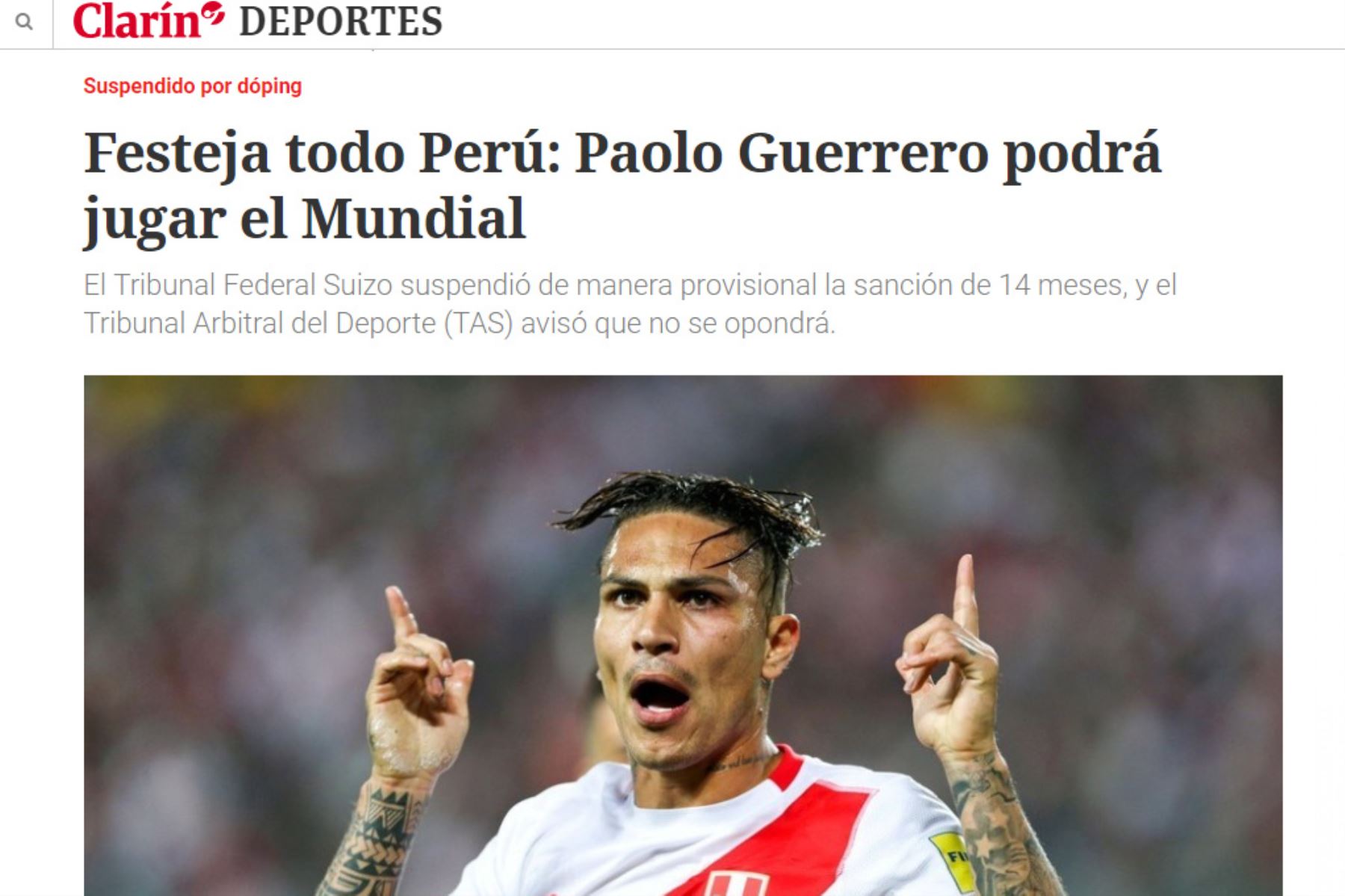 La noticia de Paolo Guerrero en Clarín de Argentina. Foto: Captura.