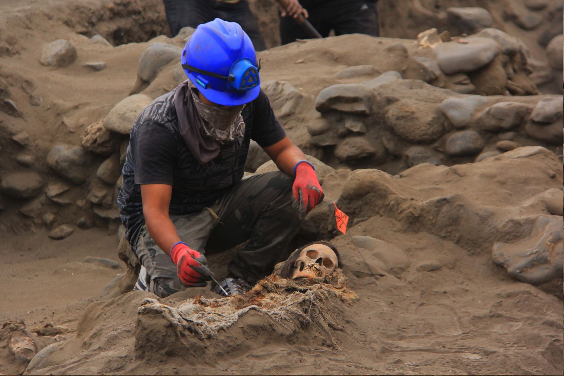 Hallan 33 restos óseos de niños sacrificados por los chimúes en la huaca La Cruz, ubicada en el distrito de Huanchaco, provincia de Trujillo.. ANDINA/Luis Puell.
