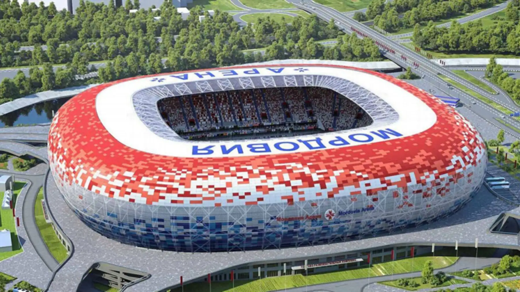 Una vista general de las gradas y el campo de juego de Mordovia Arena en Saransk el 4 de mayo de 2018. El estadio de 44,000 asientos albergará cuatro partidos de la Copa Mundial. Foto: AFP