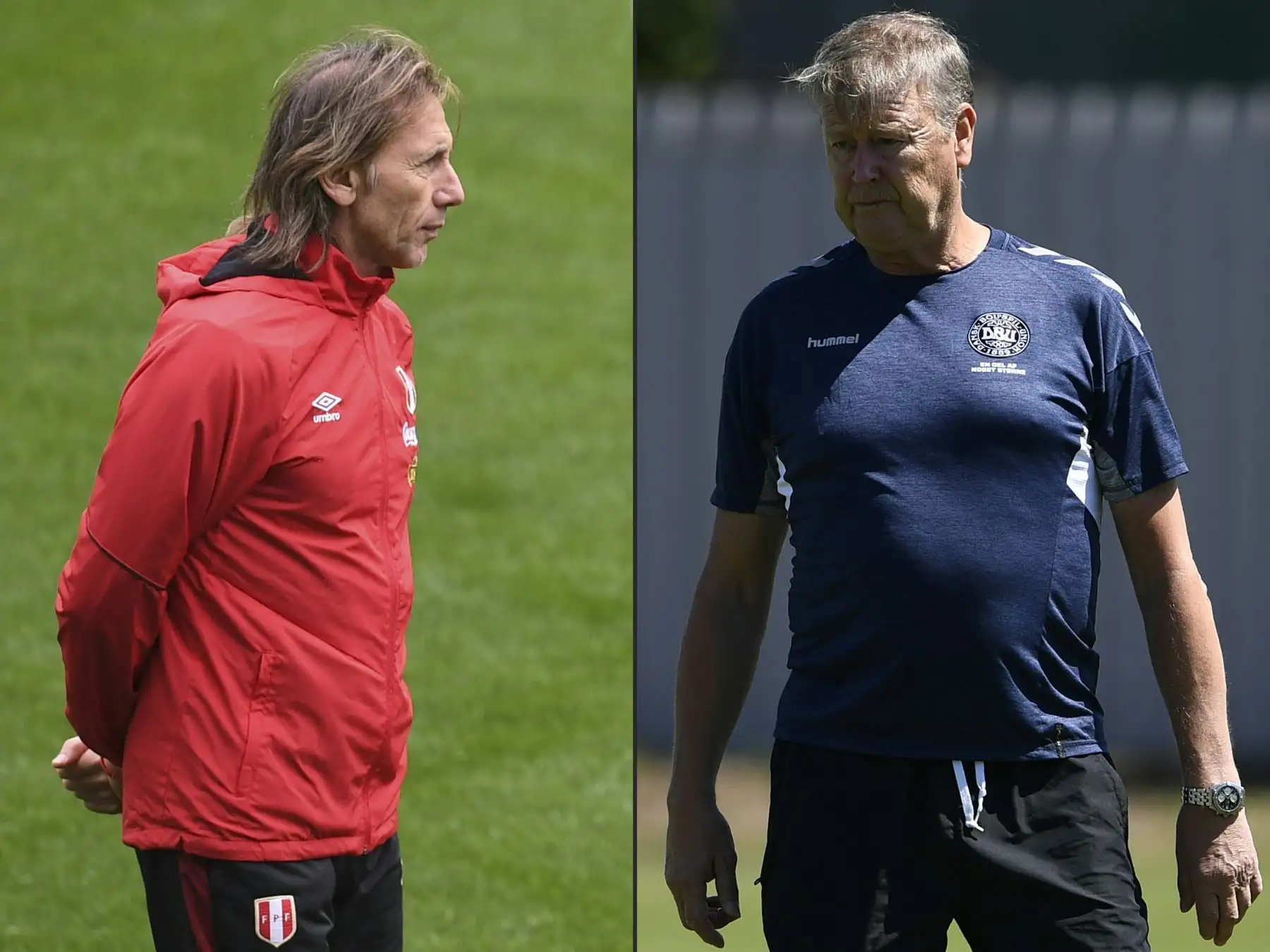 El entrenador argentino peruano Ricardo Gareca (L) en el estadio Arena Khimki, en las afueras de Moscú, el 11 de junio de 2018, y al entrenador danés Age Hareide (R) el 12 de junio de 2018, en Vityazevo. Dinamarca, en el Grupo C, abre su Copa del Mundo contra Perú en Saransk el 16 de junio antes de enfrentarse a Australia y Francia.Foto: AFP