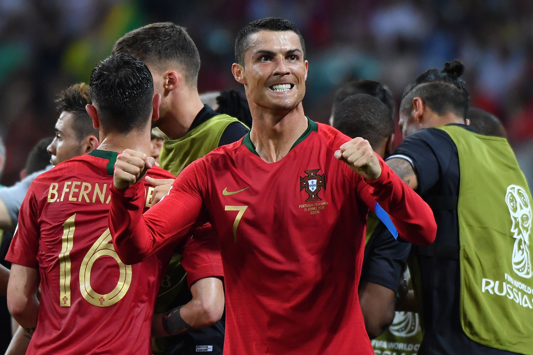 El alero de Portugal, Cristiano Ronaldo, celebra el gol de su hat-trick durante el partido de fútbol del Grupo B de la Copa Mundial Rusia 2018 entre Portugal y España en el Estadio Fisht de Sochi el 15 de junio de 2018.Foto: AFP