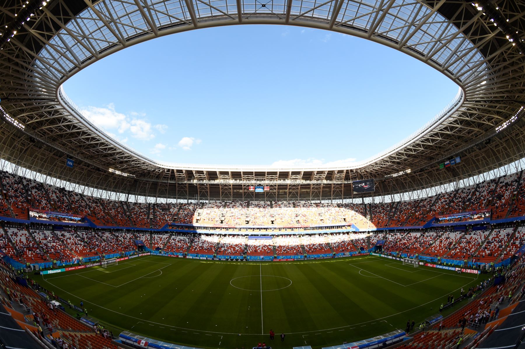 El campo de juego se representa antes del partido de fútbol del Grupo C de la Copa Mundial Rusia 2018 entre Perú y Dinamarca en el Mordovia Arena en Saransk el 16 de junio de 2018.
Foto: AFP