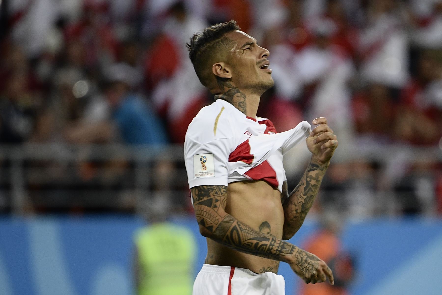 El delantero peruano Paolo Guerrero reacciona después de no anotar durante el partido de fútbol del Grupo C de la Copa Mundial Rusia 2018 entre Perú y Dinamarca en el Mordovia Arena en Saransk el 16 de junio de 2018.
F/ AFP