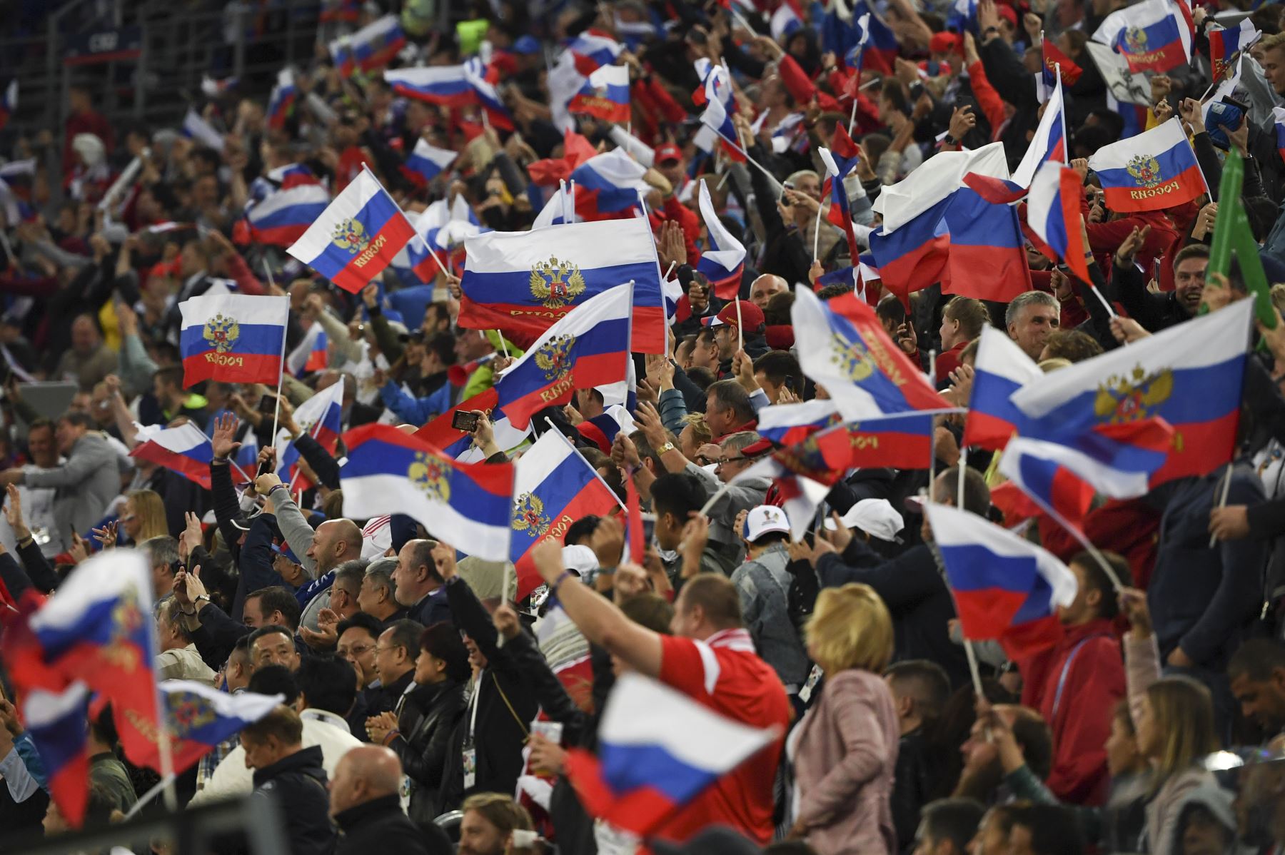 Los fanáticos de Rusia celebran durante el partido de fútbol de la Copa Mundial Rusia 2018 Un partido de fútbol entre Rusia y Egipto en el Estadio de San Petersburgo en San Petersburgo el 19 de junio de 2018. / AFP